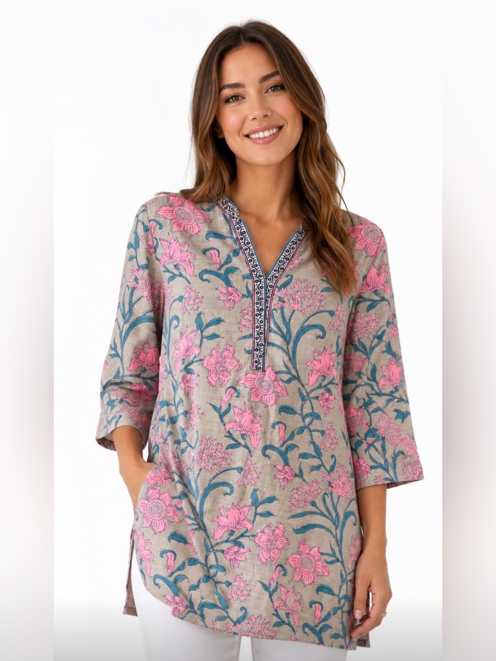 Sana Safinaz Pink Floral V-Neck Tunic Top Blouse Medium 100% Cotton